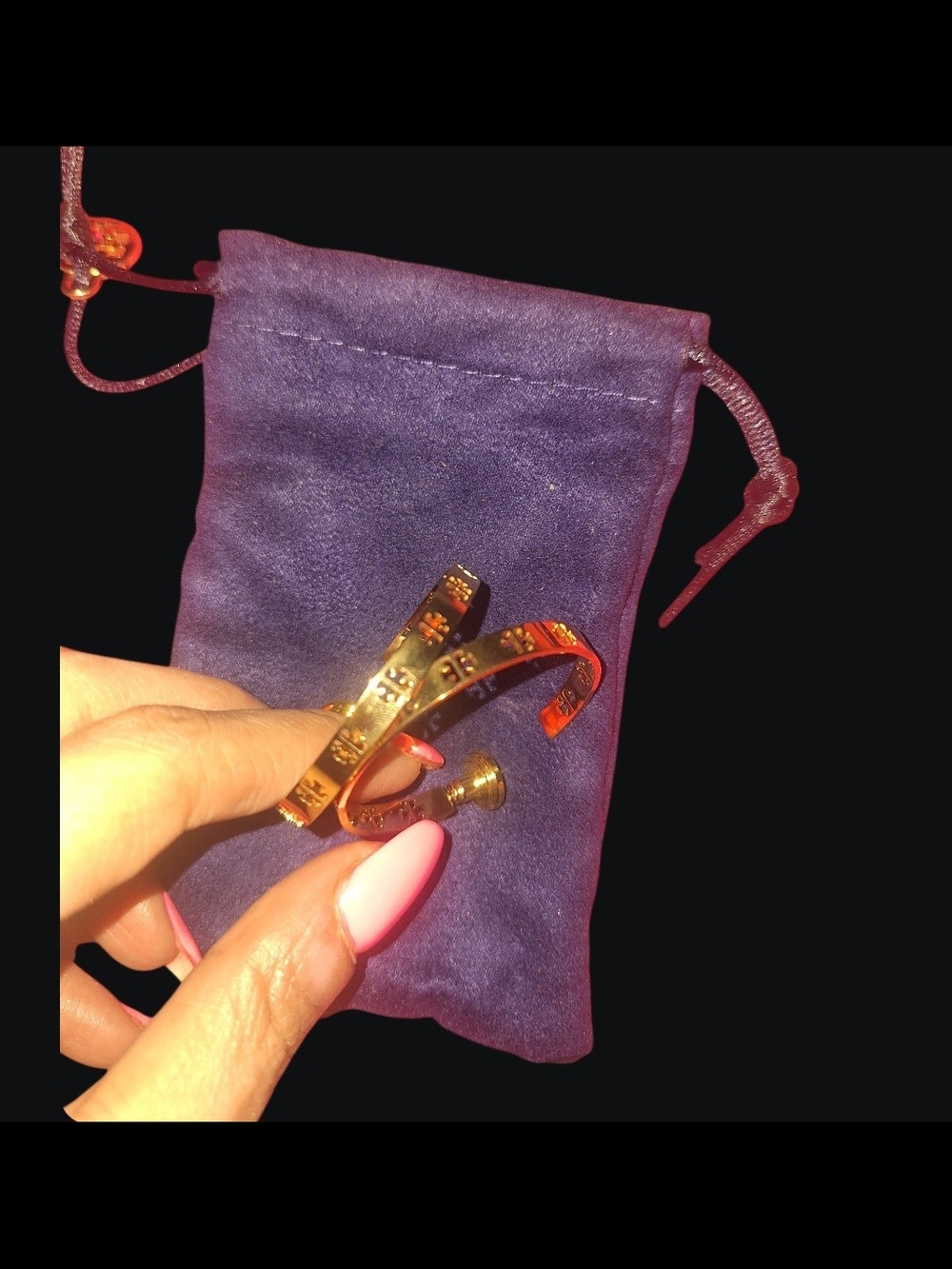 Gold Tone Screw-Back Cuff Bracelet with Purple Velvet Pouch